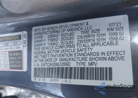 2021 Acura Rdx Standard z USA, uszkodzony, nr VIN 5J8TC2H33ML035992
